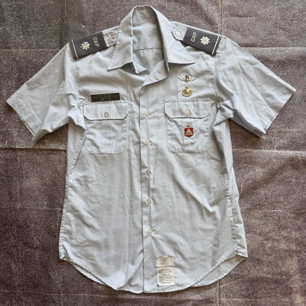 Mens Vintage 70s USAF Air Force Captain Civil Pilot Uniform Button Up Shirt Sz M